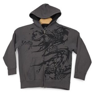 Fox Racing Hoodie Youth XL Grey Tribal Checkered Skull Zipper Y2K Moto Jacket